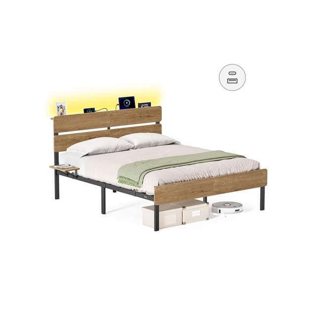 VASAGLE Double Floating Bed Frame with LED Lights and Charging Station