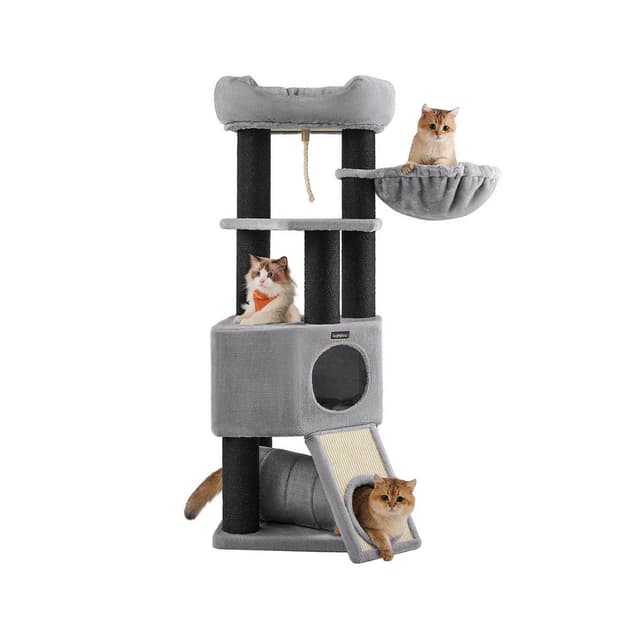 FEANDREA Cat Tree, Large Cat Tower with Fluffy Plush Perch, Extra Thick Posts in Black Sisal, Light Grey PCT02W