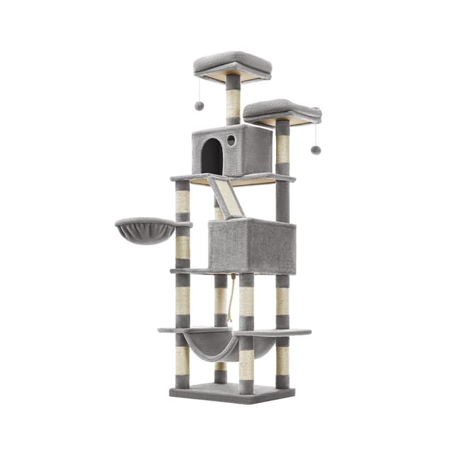Feandrea Cat Tree, 206 cm Large Cat Tower Condo with 13 Scratching Posts, Light Grey PCT190W01V1