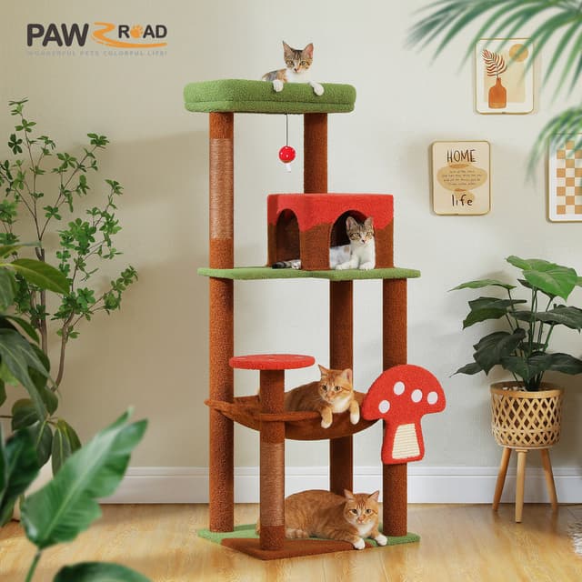 PAWZ Road Cat Tree 143cm, Big Cat Tower with Hammock and Lovely House, Beige