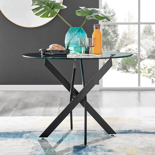 Furniturebox UK Novara 100 cm Round Matte Black and Clear Tempered Glass Dining Table