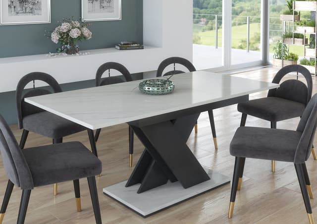Furneo Modern Extendable Dining Table 120-160 cm White Marble Effect Tavolo01