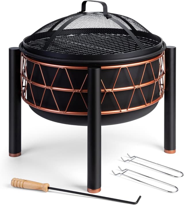 VonHaus Fire Pit 2-in-1 with BBQ Cooking Grill, Black Steel and Copper Detail