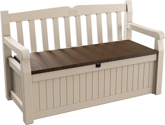 Keter Eden 265L Outdoor Garden Storage Bench, Beige and Brown