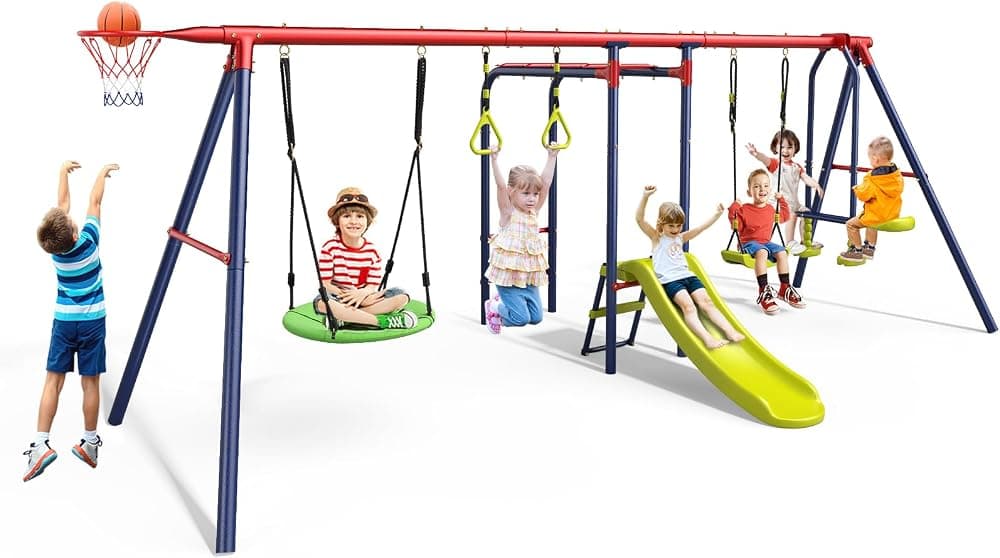 OLAKIDS 7-in-1 Outdoor Swing Set with Climbing Wall & Slide — our top pick
