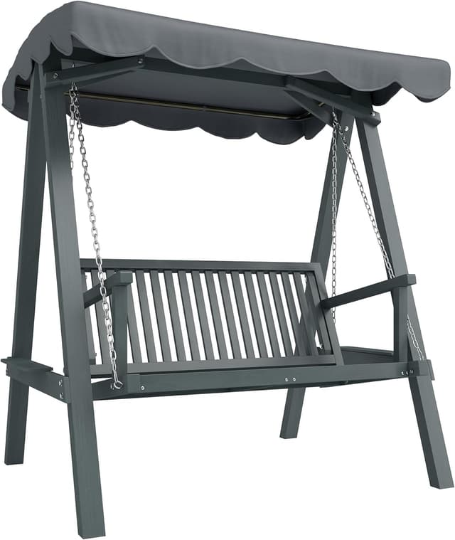 Outsunny 2 Seater Garden Swing Seat with Canopy, Wooden Swing Chair with Side Tray and Metal Chains, Outdoor Hammock Bench for Balcony Patio Porch, Grey