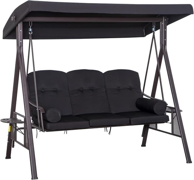 Outsunny 3 Seater Canopy Swing Chair, Outdoor Garden Swing Seat w/Top Roof and Cushions, Black