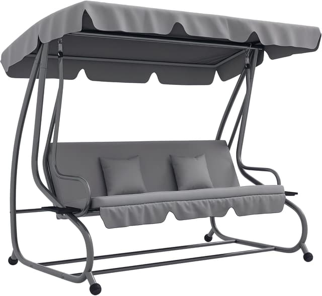Outsunny 2-in-1 Garden Swing Seat Bed, 3 Seater Convertible Swing Chair Bench with Tilting Canopy, Cushioned Seat and 2 Pillows for Patio, Garden, Light Grey