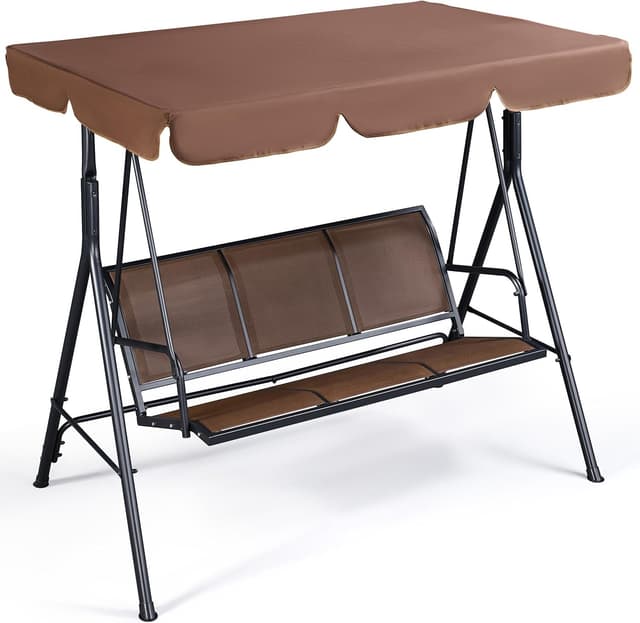 Yaheetech Porch Swing Chair 3-Seat Outdoor Patio Sunset Hanging Swing w/Texteline Fabric and Adjustable Canopy and Armrests, Canopy Lounge Chair for Backyard/Garden/Balcony, Dark Brown