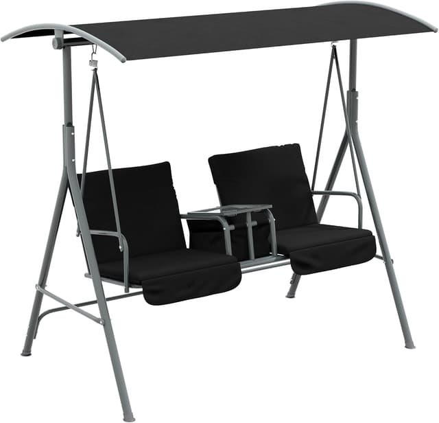Outsunny 2 Seater Garden Swing Chair, Patio Swing Seat w/Tilting Canopy, Double Padded Seats, Storage Bag and Tray, Black