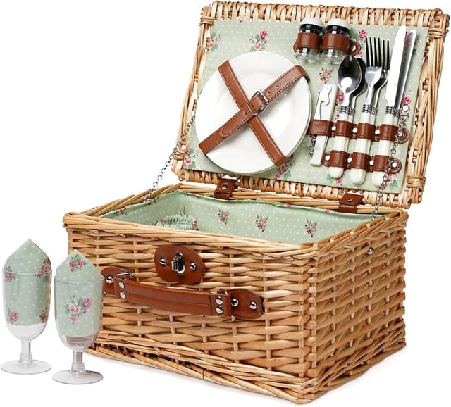 ZORMY Wicker Picnic Basket for 2 (Handmade Willow, Fitted Cutlery)