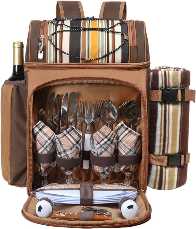 Hap Tim Picnic Basket Backpack for 4 (Insulated Cooler, Fleece Blanket, Cutlery)