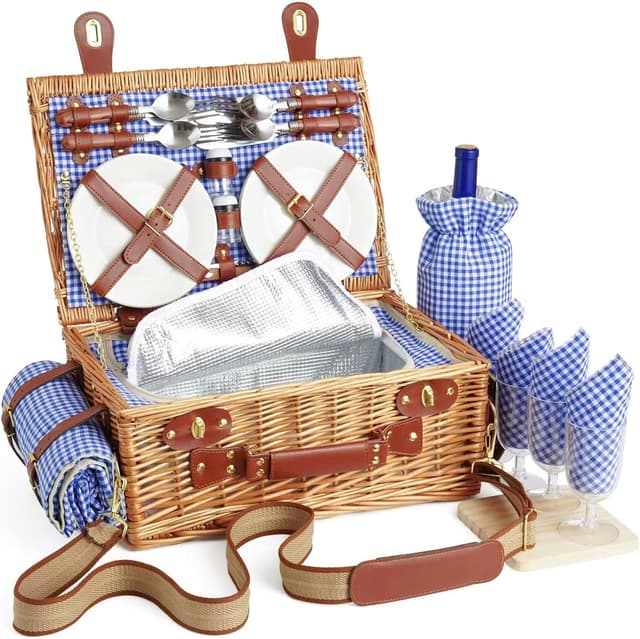 DHAEE Wicker Picnic Basket Set for 4 (Cooler Compartment, Waterproof Blanket)