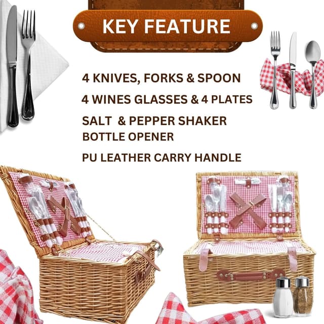 Trendi Premium Wicker Picnic Basket Set for 4 (Cutlery, Plates, Cooler Bag)