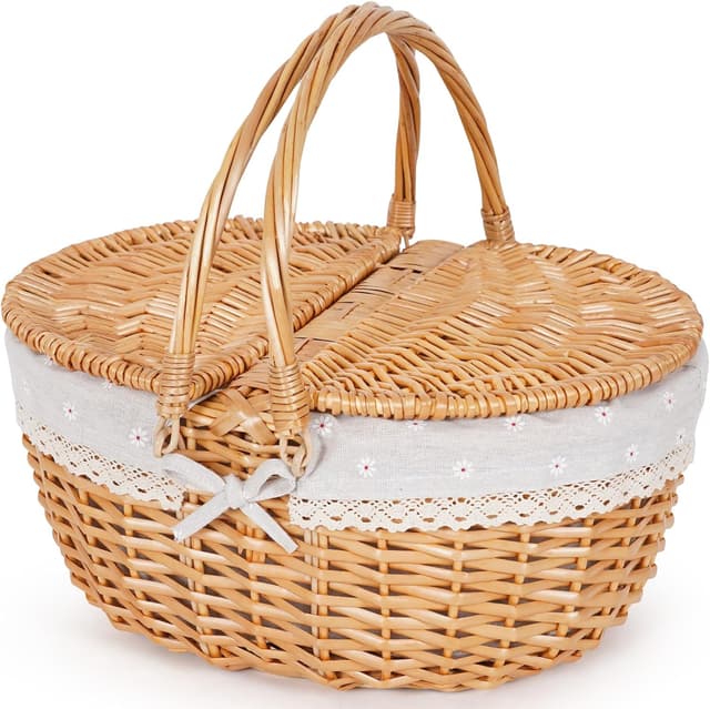 Happypicnic Wicker Picnic Basket with Handle (15", Lidded, Removable Liner)