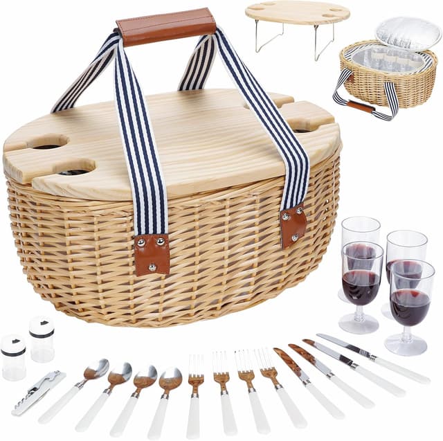 STBoo Picnic Basket for 4 (Insulated Wicker Hamper, Folding Table)